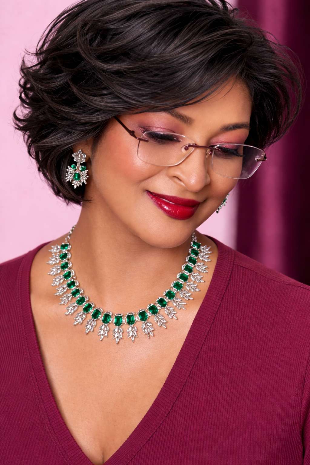 Rhodium plate emerald set premium