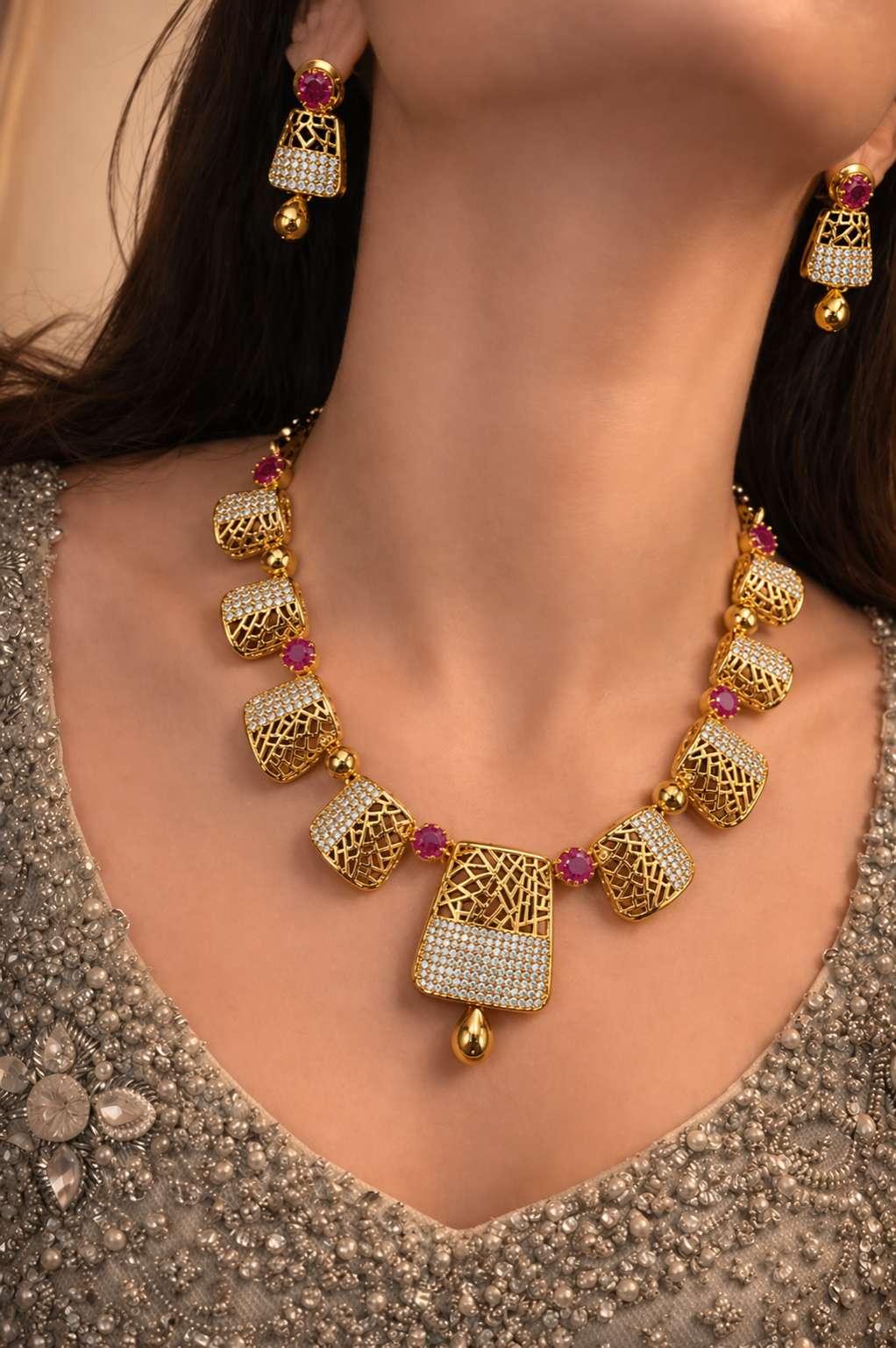 Gold plated diamond jewelry with ruby