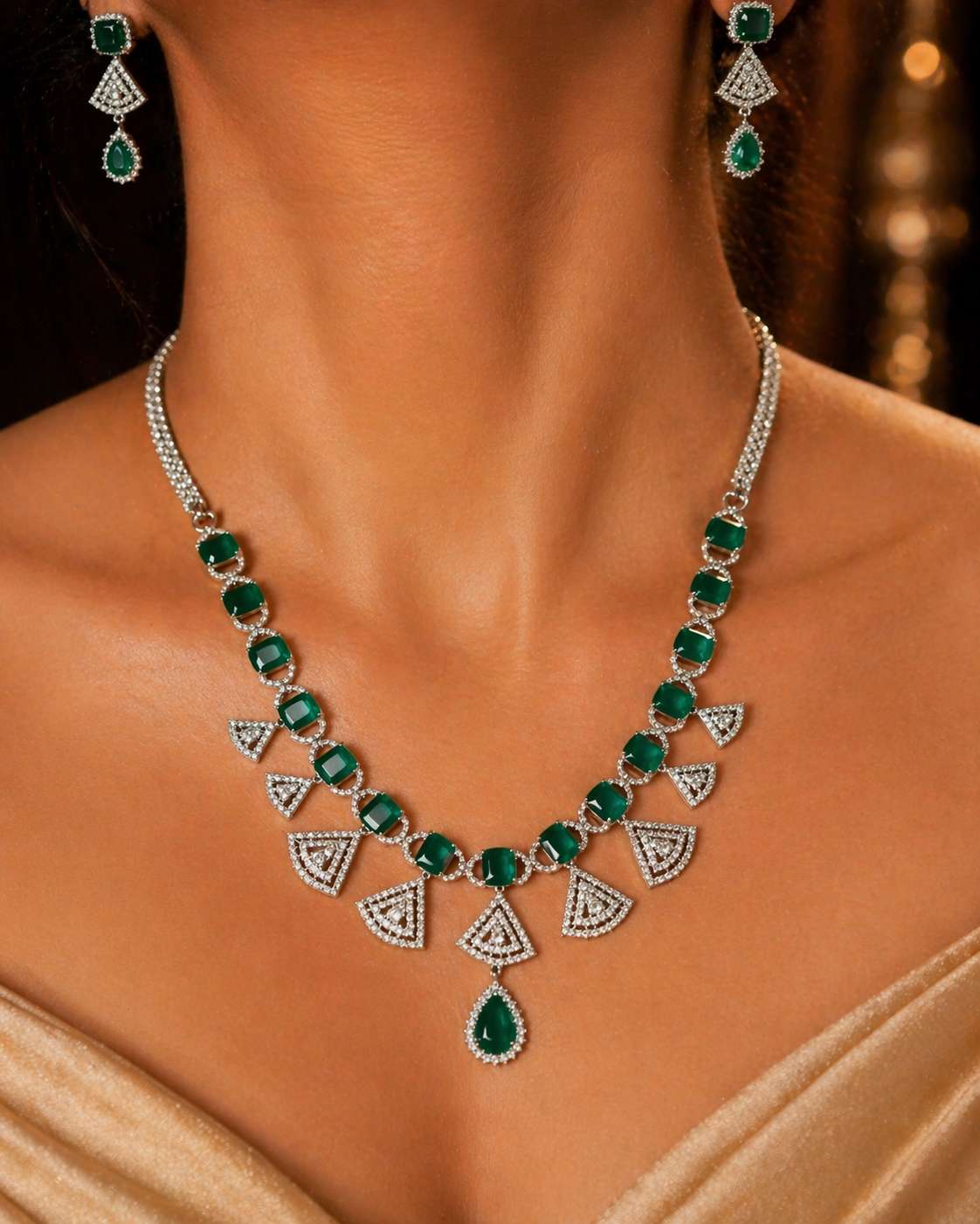Premium emerald american diamond rhodium plated