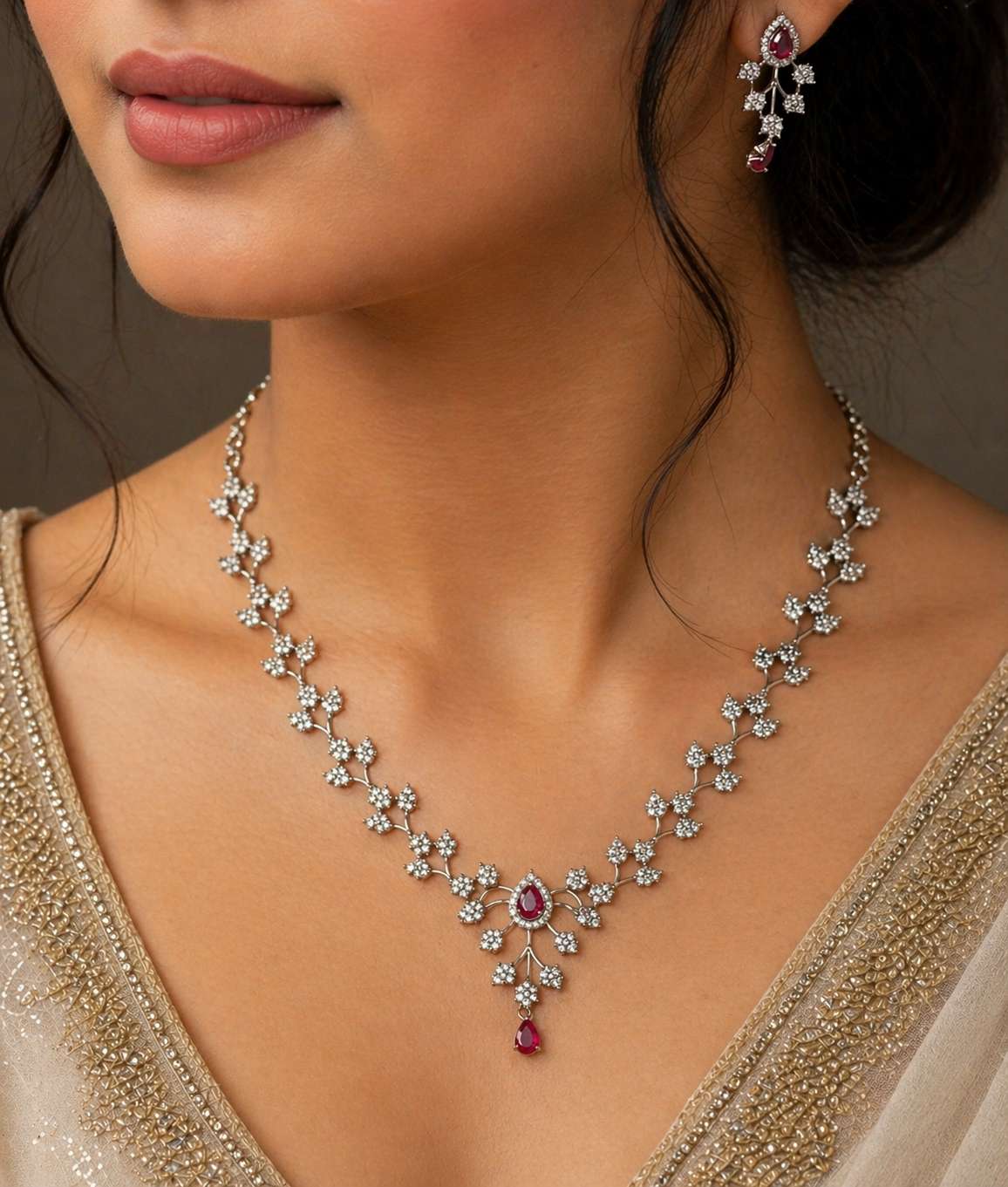 Rhodium plated AD necklace with ruby