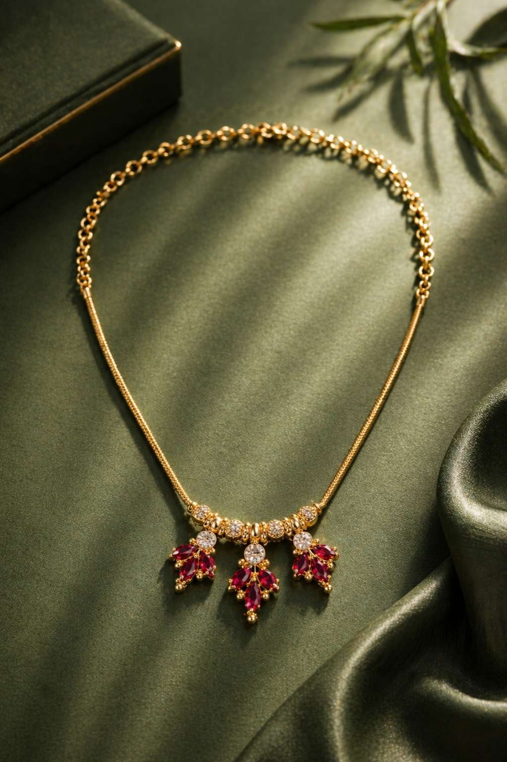 gold necklace with ruby pendant and AD