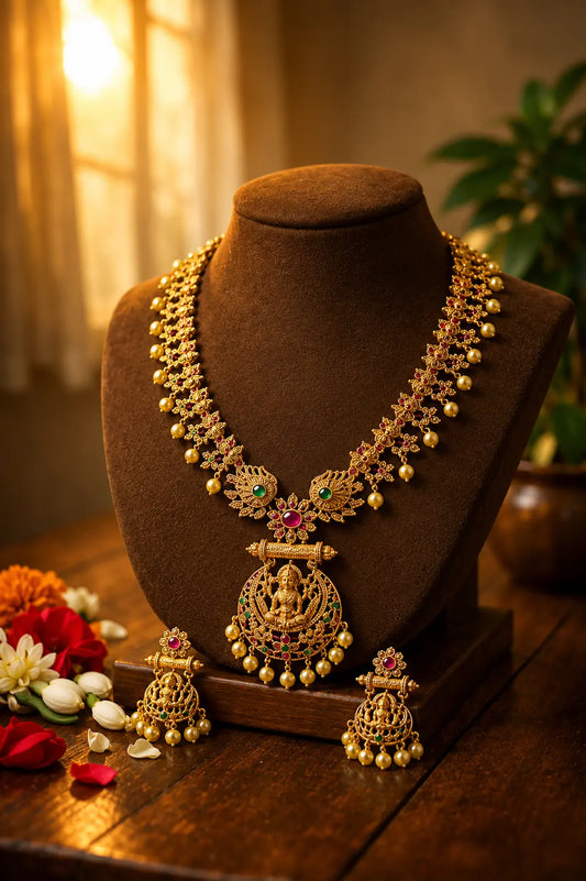 Lakshmi Necklace With Ruby And Emerald Pearl And AD In Matt