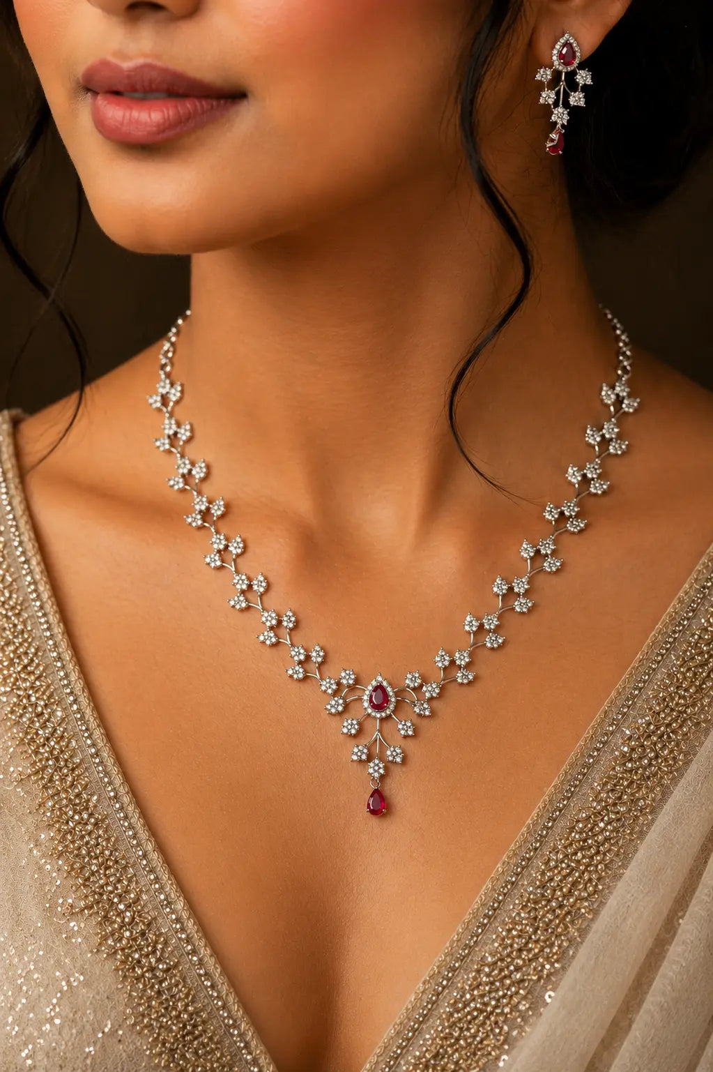 Rhodium Plated AD Necklace With Ruby