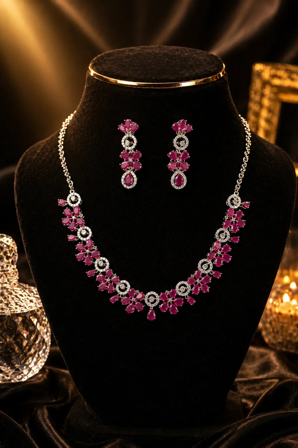 Rhodium Plated Ruby and Diamond Jewelry