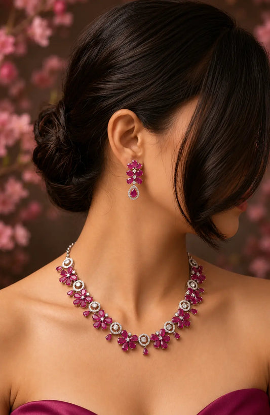 Rhodium Plated American Diamond And Ruby Beads