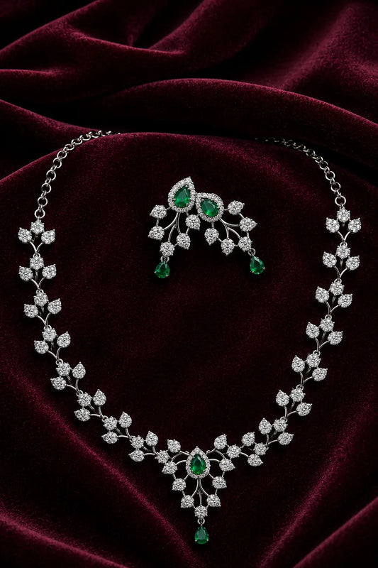 Rhodium Plated Sliver And AD Necklace Set