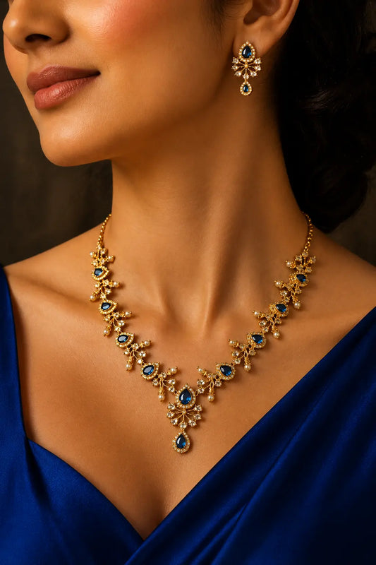Bluestone And Pearlin Gold Necklace Set