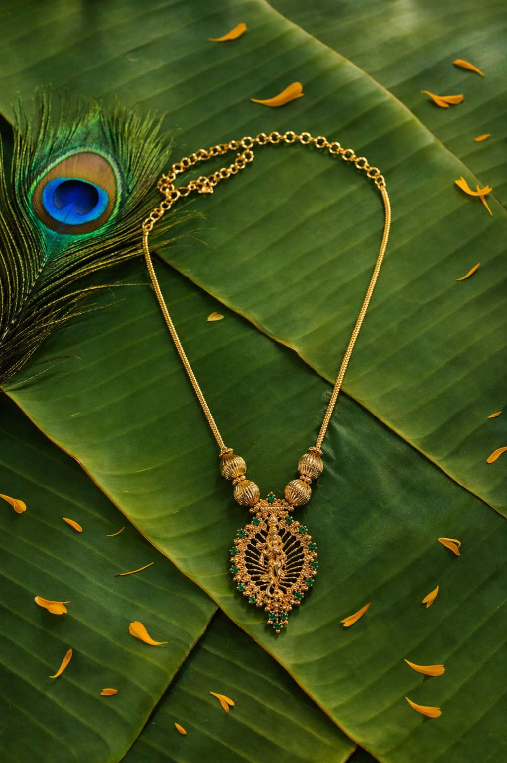 Gold pendant krishna emerald necklace