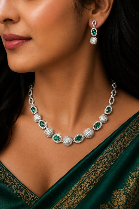 American Diamond Necklace Set With Emerald
