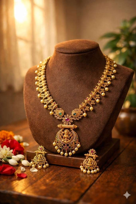 Lakshmi Necklace with Ruby and Emerald pearl and AD in matt