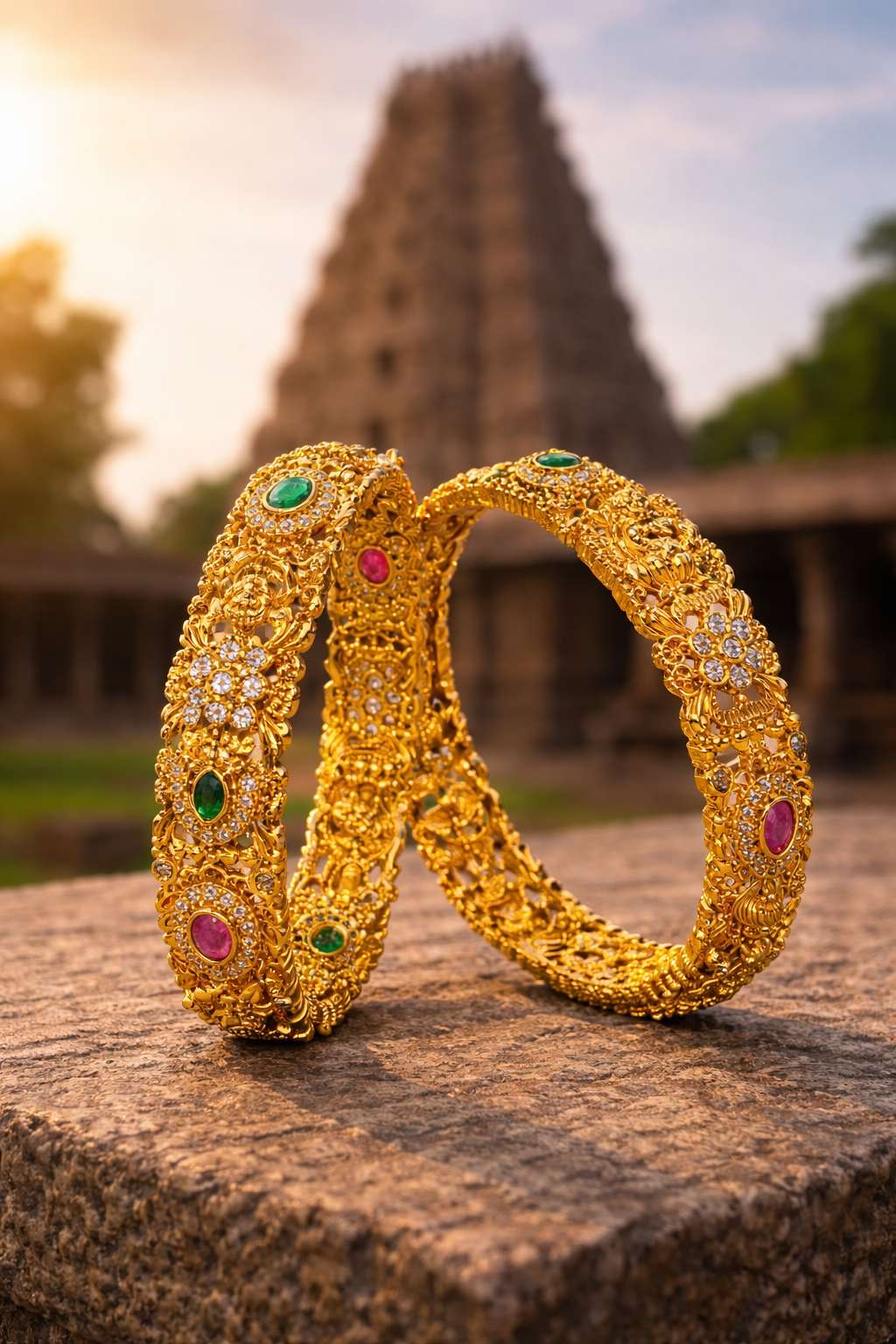 Ornate gold bangles by ancient temple Lakshmi