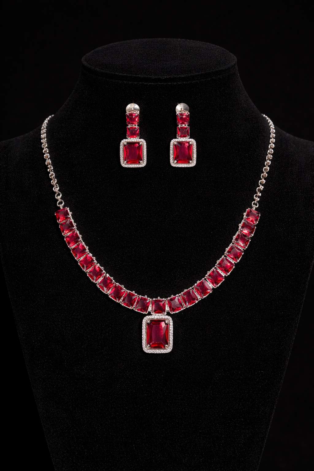 Rhodium Plated ruby and diamond jewelry