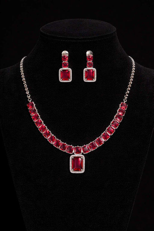 Rhodium Plated ruby and diamond jewelry