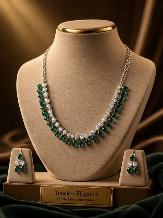 Rhodium plate emerald ad necklace