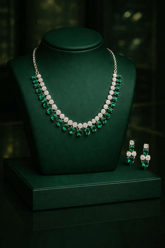 Rhodium plate emerald ad necklace