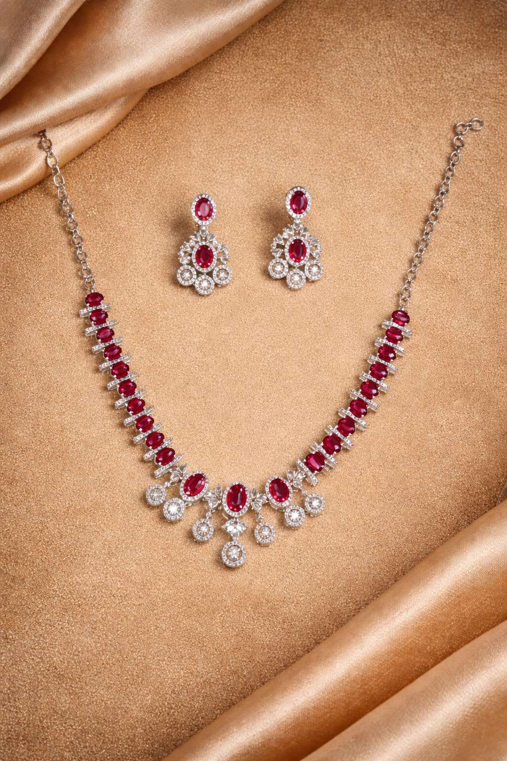 ruby and american diamond rhodium plate jewelry set